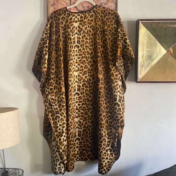 80s 90s VINTAGE BOHO LEOPARD KAFTAN GOWN MAXI DRESS COVERUP LOUNGE ANIMAL PRINT - Picture 7 of 16